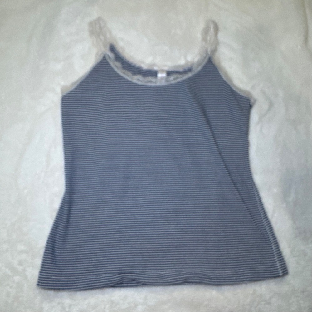 Navy‎ and White Striped Lace Trim Camisole Tank Top Size L